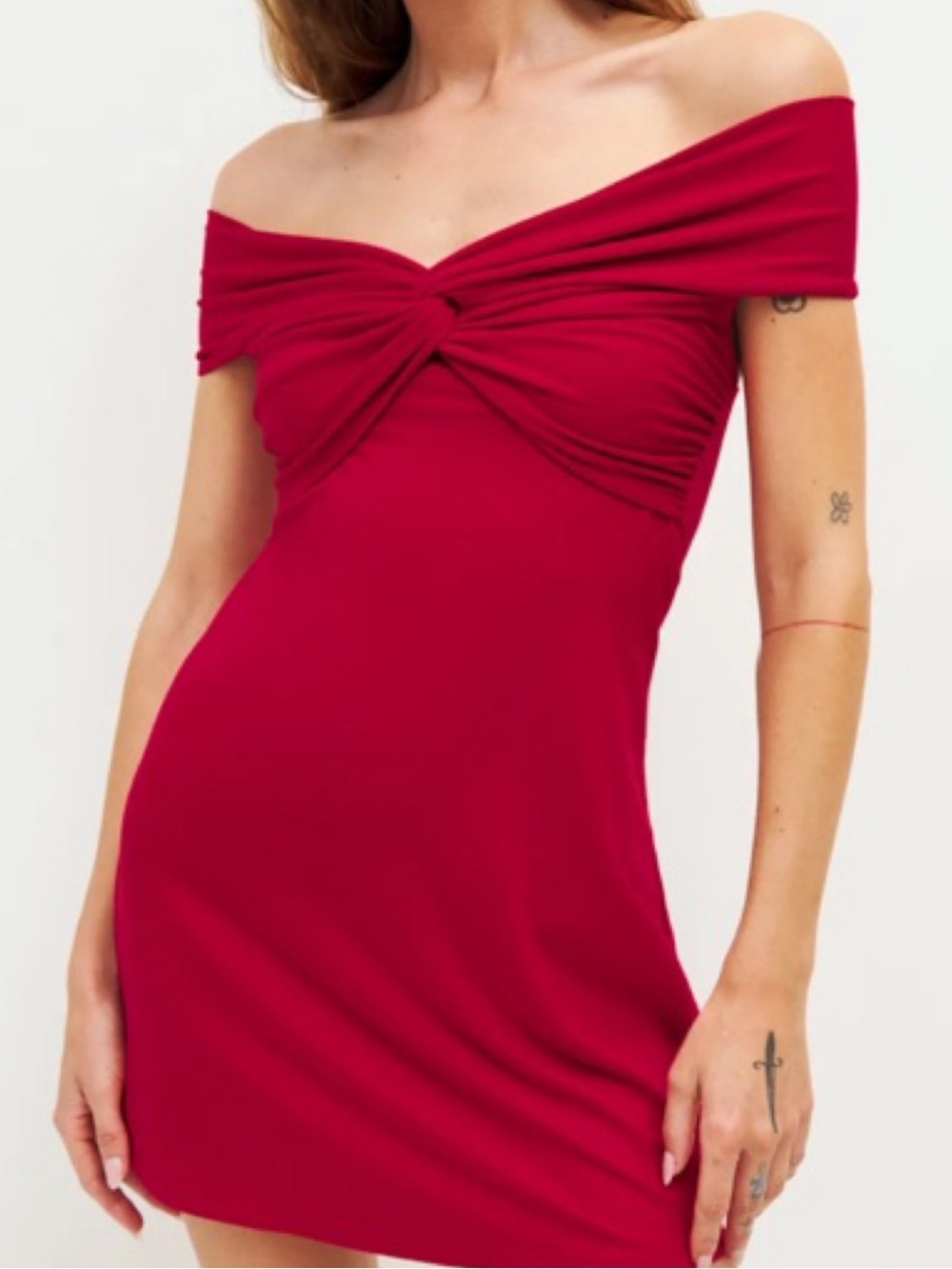 Reformation Off-Shoulder Twist Mini Dress in Red